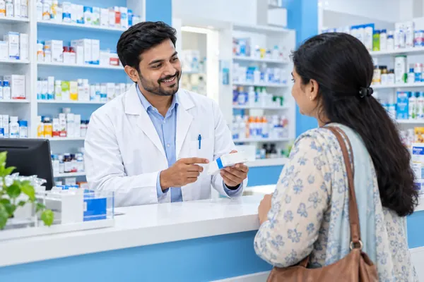 Illustration of a pharmacist helping a customer choose products