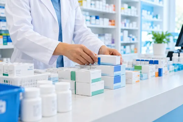 Illustration of medicine products arranged on a pharmacy counter