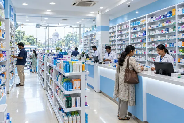 Illustration of a large pharmacy interior with stocked shelves