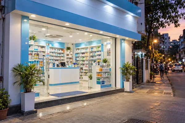 Illustration of a pharmacy storefront illuminated in the evening