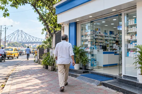 Illustration of a customer approaching a neighbourhood pharmacy