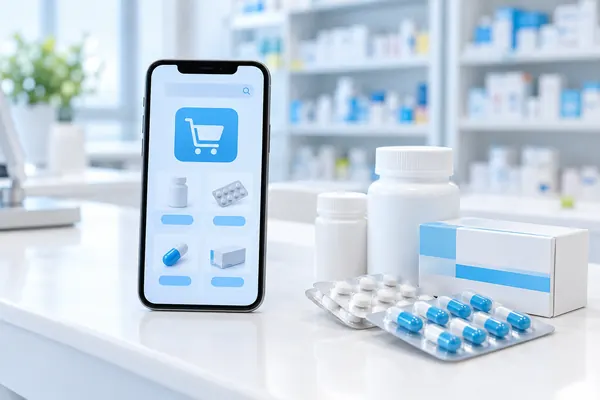 Illustration of online pharmacy shopping on a smartphone